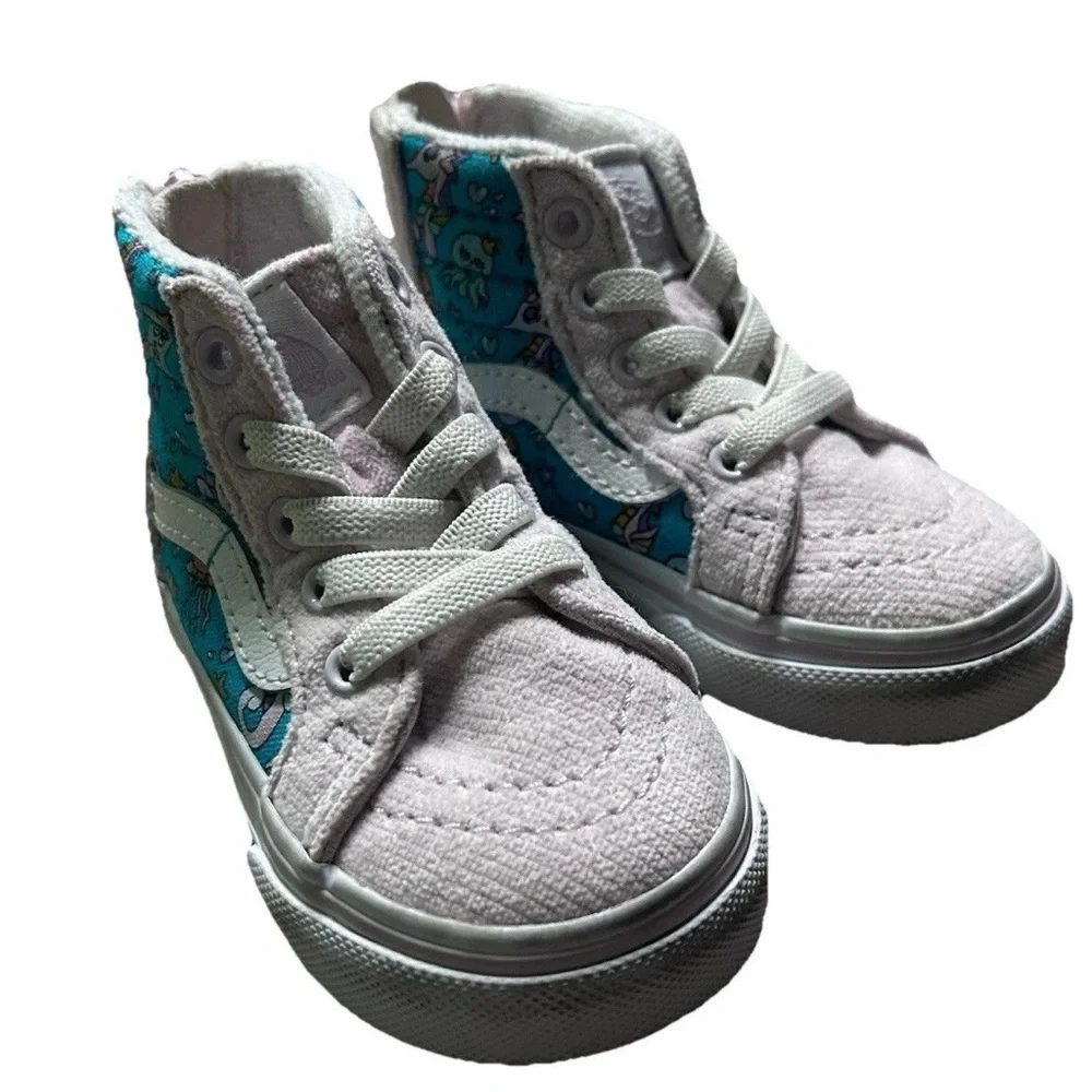 Toddler Girl Vans High Top Pink Sneakers Blue Ocean Design Size 4 - Picture 2 of 5